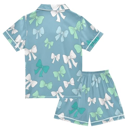 Satin Pajama Sets Short Sleeve Bow Ties in Colors Button Down Silky Nightwear 2 Piece PJS 5-14Y2
