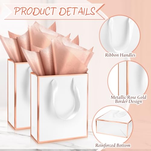 Image of Yeaqee 24 Pack Metallic Paper Gift Bag with Tissue, White, Rose Gold | with Satin Ribbon Handle and Tissue, 9x7x3.1 Inch, Suit Business, Birthday, Christmas, Thank You Return Gifts Bags