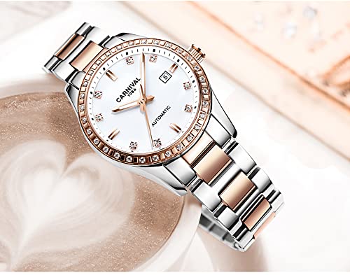 Image of Women's Diamond Automatic Mechanical Rose Gold Stainless Steel Sapphire Waterproof Lady's Elegant Blue Watch
