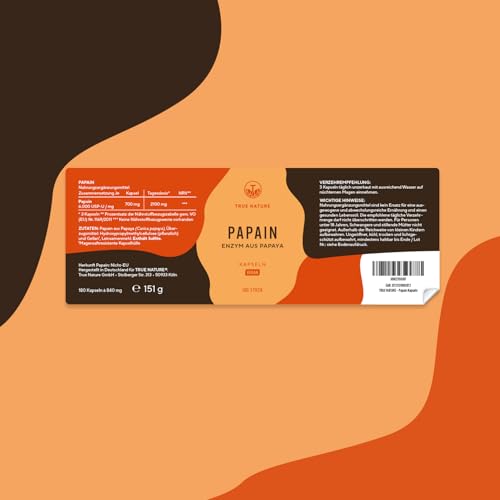 Papaya Enzym Kapseln - Hochdosiert: 2100mg Papain Extrakt - 180 Kapseln - Papain Enzymaktivität: 6 mio. Units/g - Vegan, Deutsche Produktion - TRUE NATURE®