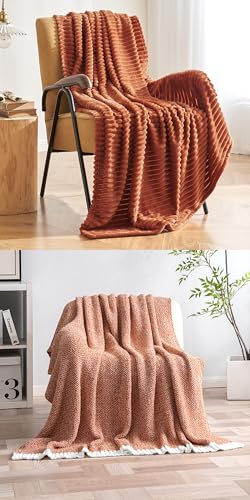 MIULEE Fall Rust Fleece Flannel and Burnt Orange Super Soft Throw Blanket, 50 x 60