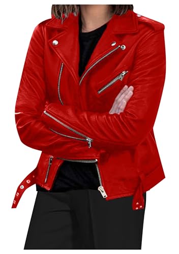 BOFETA Mujer Chaquetas Moteras Ligeras De Piel Sintética Corte Corto Motocross Punk Prenda Exterior Lisa Rojo M