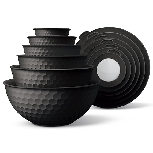 COOK WITH COLOR Mixing Bowls with Lids - 12 Piece Plastic Nesting Bowls Set includes 6 Prep Bowls and 6 Lids, Microwave Safe Mixing Bowl Set, Black Embossed