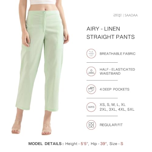 Image of SAADAA Women's Airy Linen Straight Pants | Regular Fit Trousers | Half Elasticated with Drawstrings & Buttons | 4 Pockets | Everyday & Office Wear