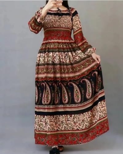 Image of Women's Cotton Dress Jaipuri Sanganeri Print Midi Long Dress Printed Fit and Flare Maxi Dress A-Line Gown Dress Maxi Skirt, Mandala (Free Size)