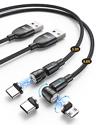 Magnetic Charging Cable (2Pack-3.3ft/6.6 ft), AUFU Magnetic Phone Charger USB Magnetic Cable 3A Fast Charging Data Sync Nylon Braided USB Cord Cable Compatible with Micro USB Type C