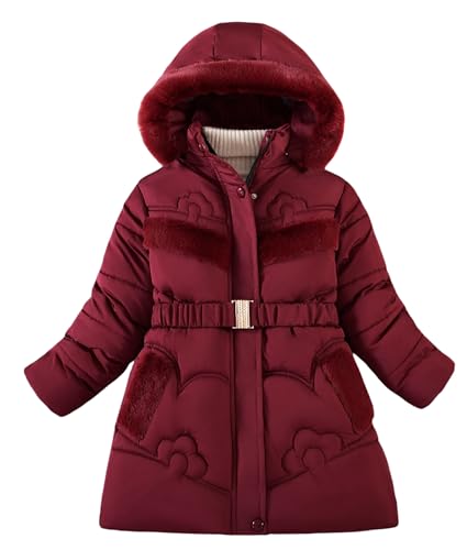 Adigau Chaqueta de invierno para niñas con forro polar grueso y cálido, abrigo de invierno de algodón, chaqueta acolchada para exteriores con capucha de piel, cinturón para 5-10 años, borgoña, 6-7