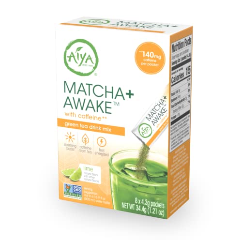 Aiya Matcha+ Awake™ - Lime Flavored Matcha Energy Drink Mix - 140mg Caffeine per Packet - Premium Japanese Matcha Green Tea Powder - On-the-Go Energy Boost - 8 Sticks