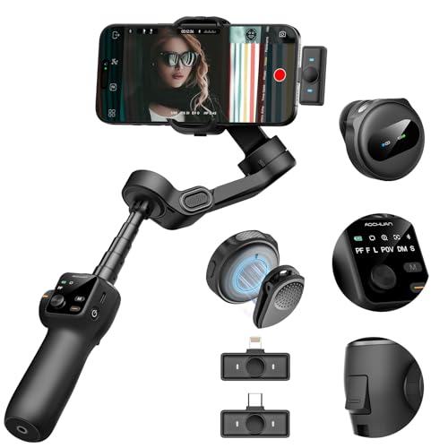 Image of AOCHUAN Gimbal Stabilizer for iPhone & Android,3-Axis Phone Gimbal w /Wireless Lavalier Microphone,Built-in 7.8 inch Extension Pole,OLED Display,Phone Stabilizer for Video Recording TikTok(V8 Mic Kit)