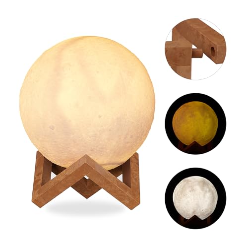Relaxdays Mondlampe 3D, 2 Farben, dimmbar, Touch Sensor, kabellos, mit Ständer, für Kinder, Mondleuchte LED, 15 cm, weiß