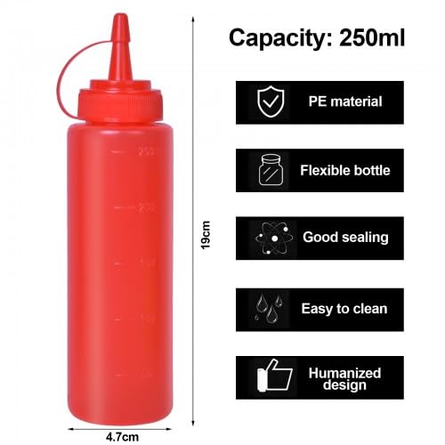 Condimento Botellas, 3 Pcs Botella de Salsa con Tapa, 250Ml Squeeze Bottle, para Condimentos, Salsa de Tomate, Mayonesa, Salsa Picante y Aceite de Oliva（Rojo + Blanco + Amarillo）