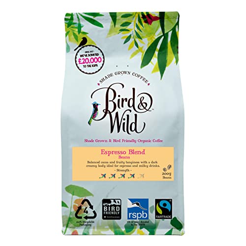 Miscela espresso della Casa di caffè Bird & Wild, 200 g Caffè in Grani, equo-solidale, biologico, con coltivazione all'ombra e a tutela degli uccelli, caffè in chicchi interi