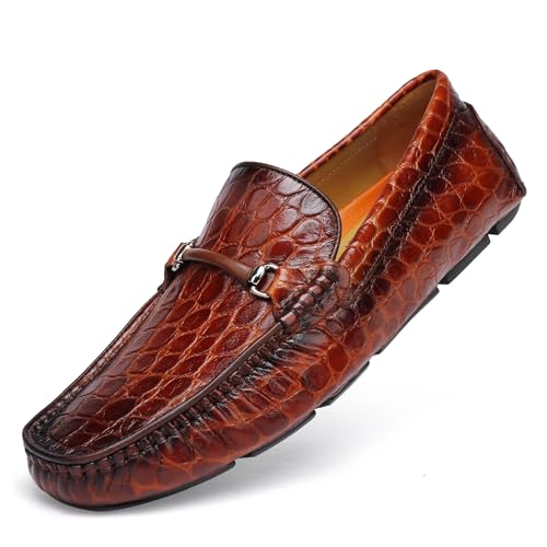 Premium Men's Leather Driving Shoes Alligator Printed Buckle Party Slip-on Penny Loafers Shoes Driving Moccasins
