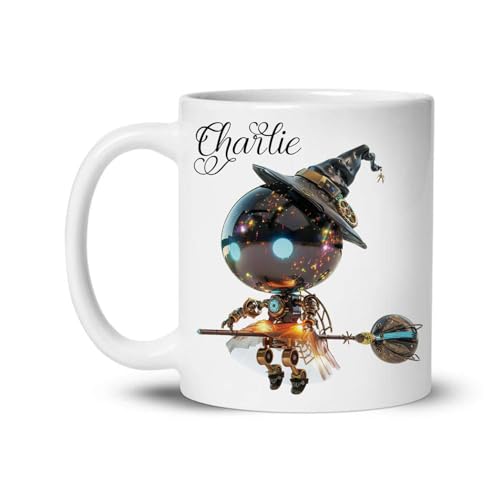 Personalized Name Coffee Mug 11oz or 15oz, Custom Halloween Mug for Kids or Sci-Fi Fans, Steampunk Inspired Robot Ceramic Cup, Fantasy Lover White Cup, Gifts for Halloween