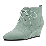 Saekcted Femmes Compensé Mi Talon Heel Bottines Lacets Fermé Rond Bout Slip-on 5 CM Heels Chaussures Vert Suède A 39 EU