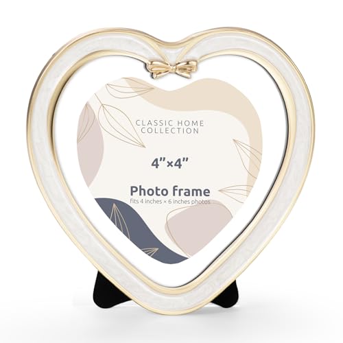 Elbertina Metal Bow Style Picture Frame 4x4 Decorative Photo Frames with HD-cover Elegant Home Decor for Family Photos Wedding Anniversary (Gold Heart (4x4))
