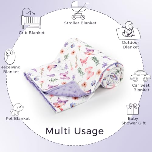 Image of Pea Pod Baby Girls Blanket Soft Butterfly Minky Blanket for Newborn, 30'' x 40'' Double Layer Design, Dotted Backing Warm Baby Quilt Crib Blanket for Nursery /Stroller /Toddler Bed /Baby Car Seat