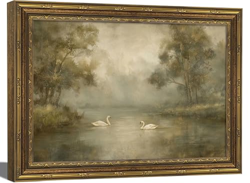Gold Framed Wall Art Vintage Swan Lake Wall Art Rustic Misty Lake Oil Painting Print Elegant Swans Farmhouse Decor for Living Rooms Bedrooms Home Offices Entryways dining rooms Home Decoration 12x16 inch