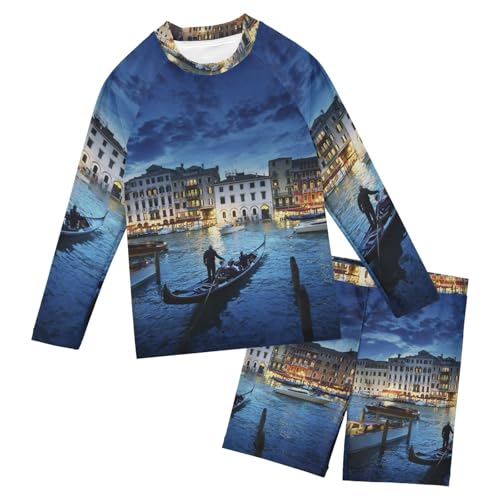 Aflyko Kids' Bathing Suit Set Venice Italy View Long Sleeve Swim Tops with Shorts Summer Vacation Pool Party Rashguard Fun Cute Infant Beachwear, 4T Multicoloured