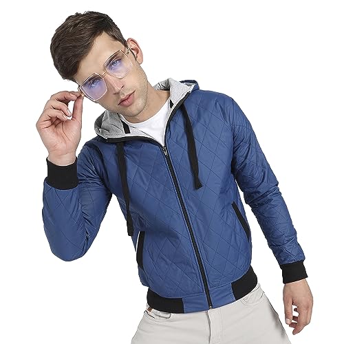 Image of Campus Sutra Men's Blue Quilted Puffer Jacket With Zip-Closure For Casual Wear | Hooded Neck | Long Sleeve | Zipper Closure | Polyester Jacket Crafted With Comfort Fit For Regular Wear