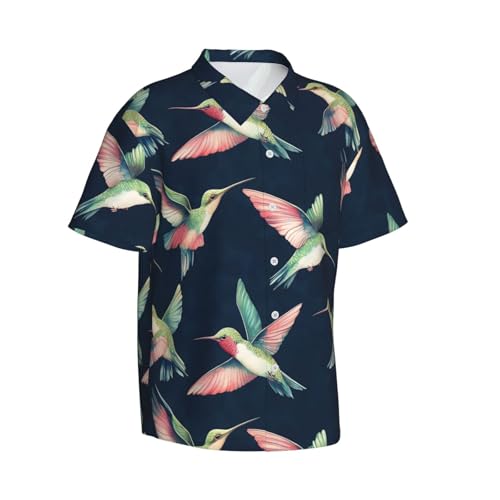 Divertidas camisas hawaianas para hombre – Colorido estampado de colibrí para hombre, camisa de manga corta con botones para hombre, Negro, XL
