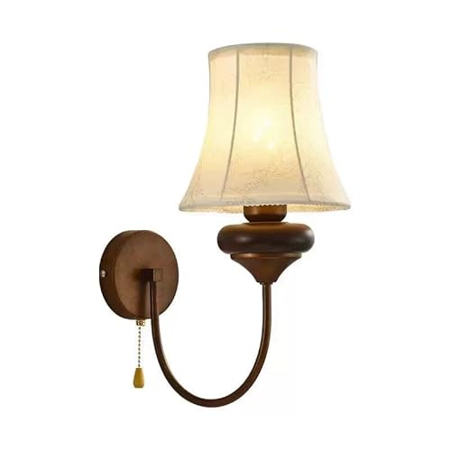 LUOYAOB Vintage Wall Sconce Beige Fabric Shade Wall Lamp E14 Pull Chain Switch Wood Metal Bedside Reading Light for Bedroom Living Room Hallway Wall Lighting Fixture