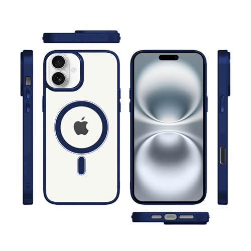 Image of amazon basics Mobile Cover | Compatible with MagSafe | Electroplated Metal Ring | Camera Protection | Raised Edges | PC TPU Hybrid Clear Case | Transparent Bumper Case for Apple iPhone 16 (Blue)