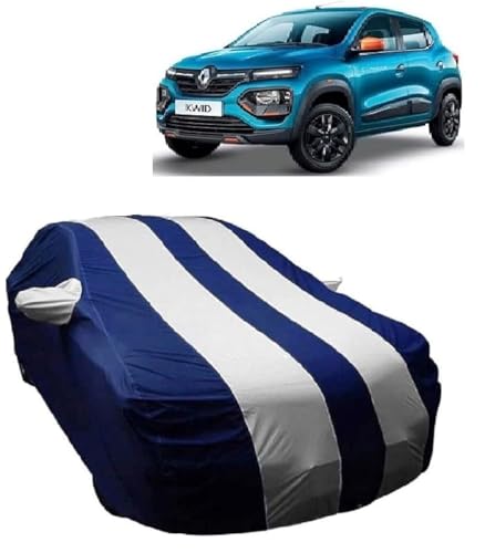 Image of Carigiri White and Navy Blue Car Body Cover for Renault Kwid(Triple Stitched,Mirror Pockets,UV Resistant,Dustproof)(Models-2015, 2016, 2017, 2018, 2019, 2020, 2021,2022)