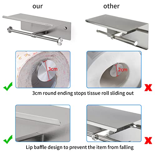 Yumore Toilet Paper Holder, 304 Stainless Steel Bathroom Double Roll Tissue Holder With Shelf, Wall Mounted Washroom Dual Tp Dispenser Storage, Flushable Wipes Dispenser, Brushed Nickel Finish #TOP4
