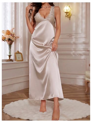 Image of WDIRARA Women's Satin Sleepwear Nightgown | Lace, Backless, Deep V Neck, Sleeveless, Long