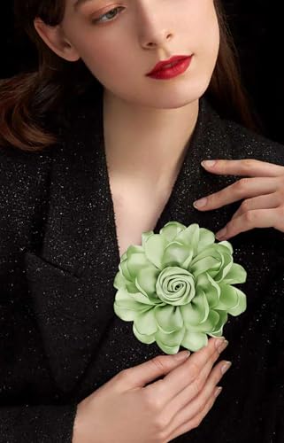 Image of Extra Large Satin Fabric Flower Brooch for Women Elegant Rose Camellia Floral Brooch Pin Handmade Big Satin Fabric Flower Statement Brooch Pin Vintage Clothing Hat Bag Accessories Christmas Wedding Bridal Birthday Jewelry
