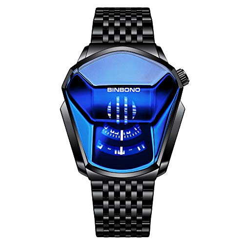 Luminex Commerce Luxury Black Watch for Man, Unique Creative Analog Watch, Stainless Steel Black Tone Strap Quartz Watch with Blue Big Dial, Waterproof Business...