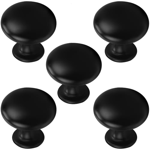 Probrico 5 Pack Cabinet Round Knobs in Black Finish,Kitchen Cabinet Pulls Hardware,1-3/16 inch(29.5mm) Diameter Furniture Pull Knobs