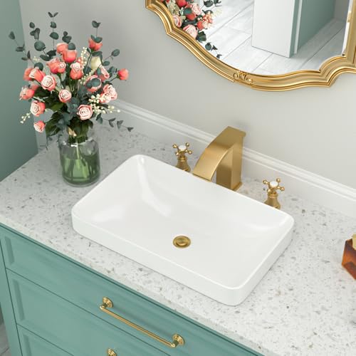 Vessel Sink-Beslend Bathroom Semi Recessed Sinks 19x12 Rectangular White Ceramic Modern Vessel Sinks Bath Wash Sink Bowl Vanity Sink Above Counter Basin