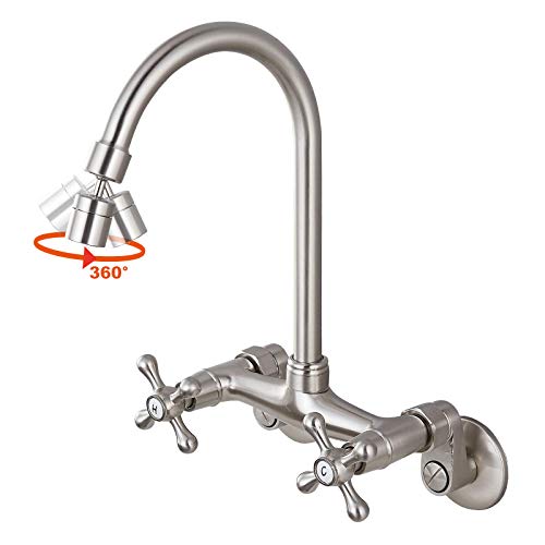 Brushed Nickel Kitchen Sink Faucet Wall Mount 6 Inch Center Kitchen Wall Faucets 360 Degree Swivel Spout Double Cross Handles