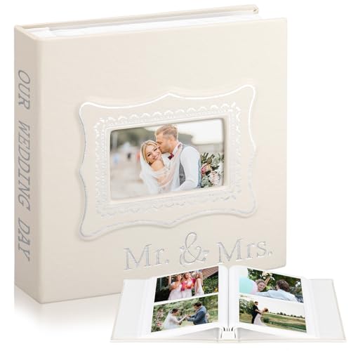 Dunzoom Mr & Mrs Photo Album 200 Pcs 4x6 Inch Leather Wedding Anniversary Album with Front Window Double Heart Design Couple Gifts