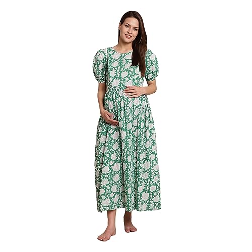 Image of Secret Wish Light Green Floral Block Print Cotton Maternity Dress /Feeding /Nursing /Zipper /Belt.