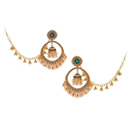 Bnwuam Indian Earrings with Hair Chain for Women Traditional Bollywood Style Bridal Jewelry Lightweight Gold-Tone Indian Earrings (green)