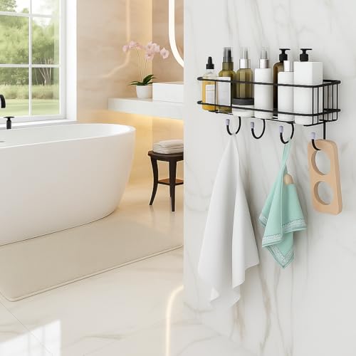 Image of Self Adhesive Bathroom Shelf with Hooks, Stainless Steel Wall Mounted Organizer Rack, Towel Holder, Bathroom Storage Shelf, Rustproof (Black, Pack of 1)