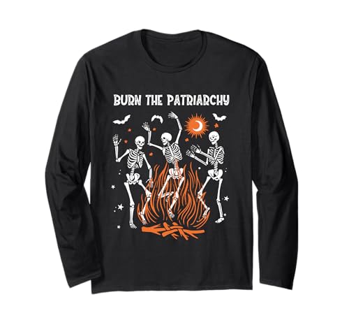 Burn The Patriarchy Feminista Dancing Skeleton Halloween 2022 Manga Larga