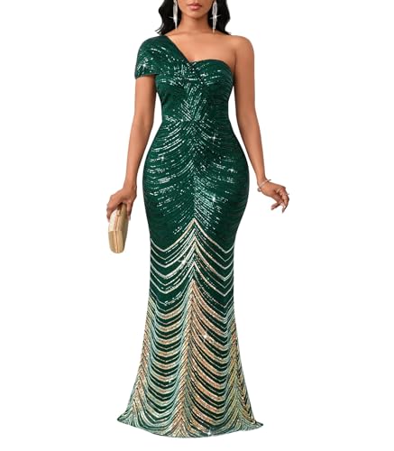Image of Cololura Women Sexy Sequin One Shoulder Mermaid Formal Party Cocktail Gowns Bodycon Evening Maxi Dress