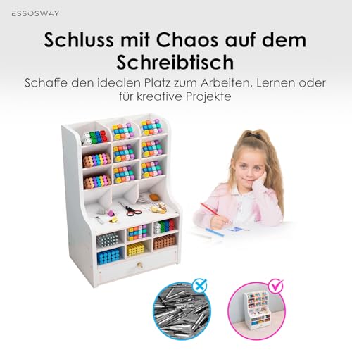 ESSOSWAY Stifte Organizer Schreibtisch - Stiftehalter - 18 Fächer und Schublade - Aufbewahrung Buntstifte Bleistifte Marker - Büro Schule - Weiß