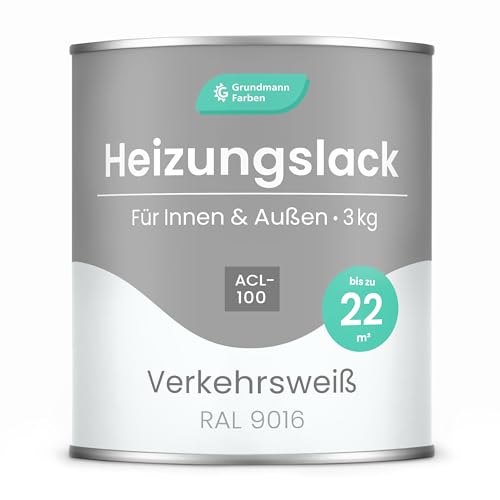 GRUNDMANN Heizkörperlack - 3 Kg - Heizungslack, Heizungsfarbe, Heizkörperfarbe, Acryllack - ACL 100 - RAL 9016 Verkehrsweiss (Helles Weiss)