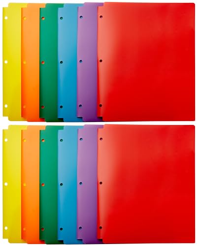 Amazon Basics Plastic 3 Hole Punch Folders with 2 Pockets for Documents Letter Size 8.5 x 11 inches School Supplies Assorted Colors Pack of 12