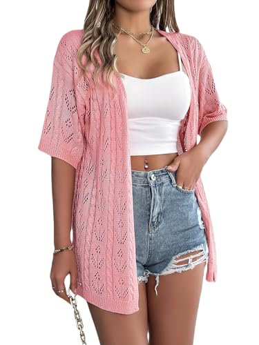 Image of Spicy Sandia Women's Loose Fit Short Sleeve Crochet Cardigan Sweaters for Summer