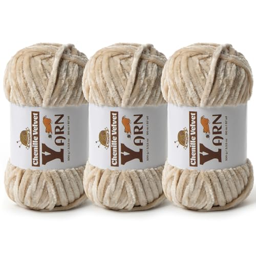 Image of 3 Pack Plush Chenille Chunky Yarn - Fluffy Velvet Yarn Crochet for Blanket Knitting and Crocheting - Soft Baby Yarns for Crocheting - Amigurumi Crochet Yarns 100g (87yds) (Beige)
