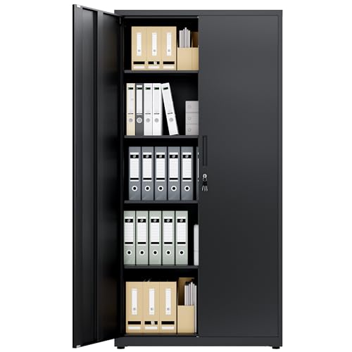 LANDVOI Steel Storage Cabinet 5-Tier Lockable Cabinet with Adjustable Shelves Double-Door Cupboard Storage For Home Office Storage 40×80×181.5cm Tall Cabinet Black