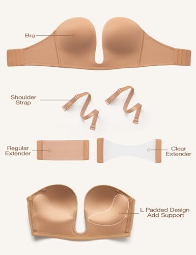 Image of Wingslove Women's Deep V Plunge Strapless Bra Multiway Push Up Low-Cut Bras Wireless Red Carpet Clear Back