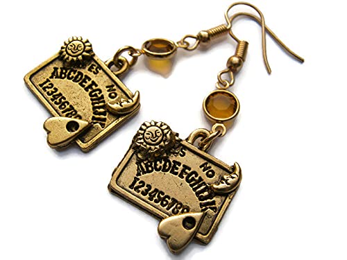 Gold Ouija Board Birthstone Earrings, 24K Gold Plated Occult Earrings, Personalized Paranormal Charm, Planchette Jewelry