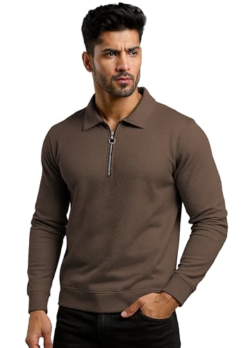 Image of Peppyzone Men's Full Sleeve Textured Polo T-Shirt with Collar | Stylish Chain Zip Tshirt for Man | Premium Polyester Lycra Stretch Fabric | Long Sleeve T Shirt for Men
